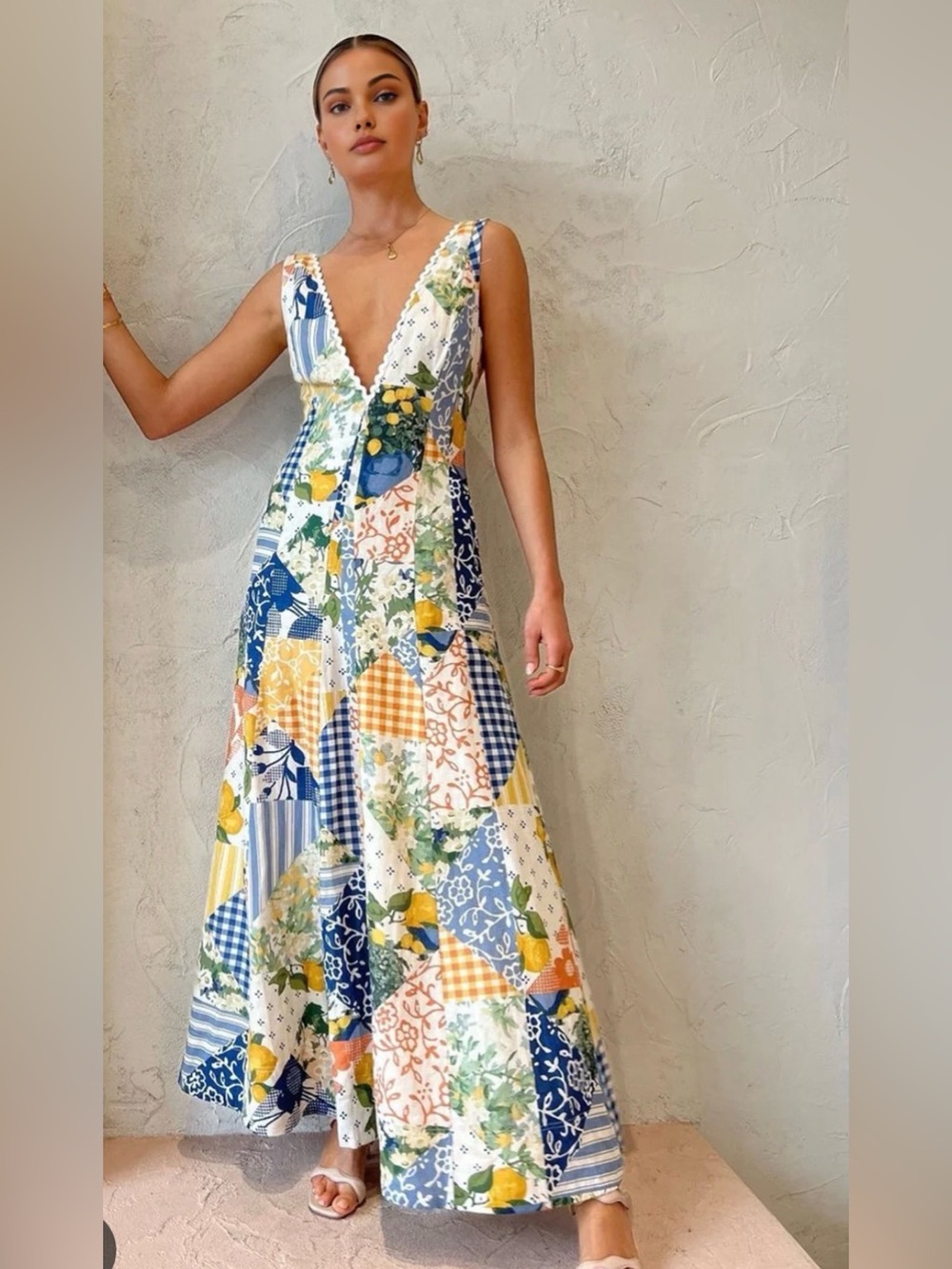 Commense Patchwork Floral Maxi Dress in Blue, Yellow, White